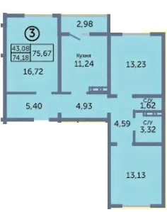 Продам трехкомнатную квартиру в новостройке 74.2 м² этаж 13/17 город Оренбург улица Березка 19/1 «Ботанический сад» жилой комплекс городской округ Оренбург-3